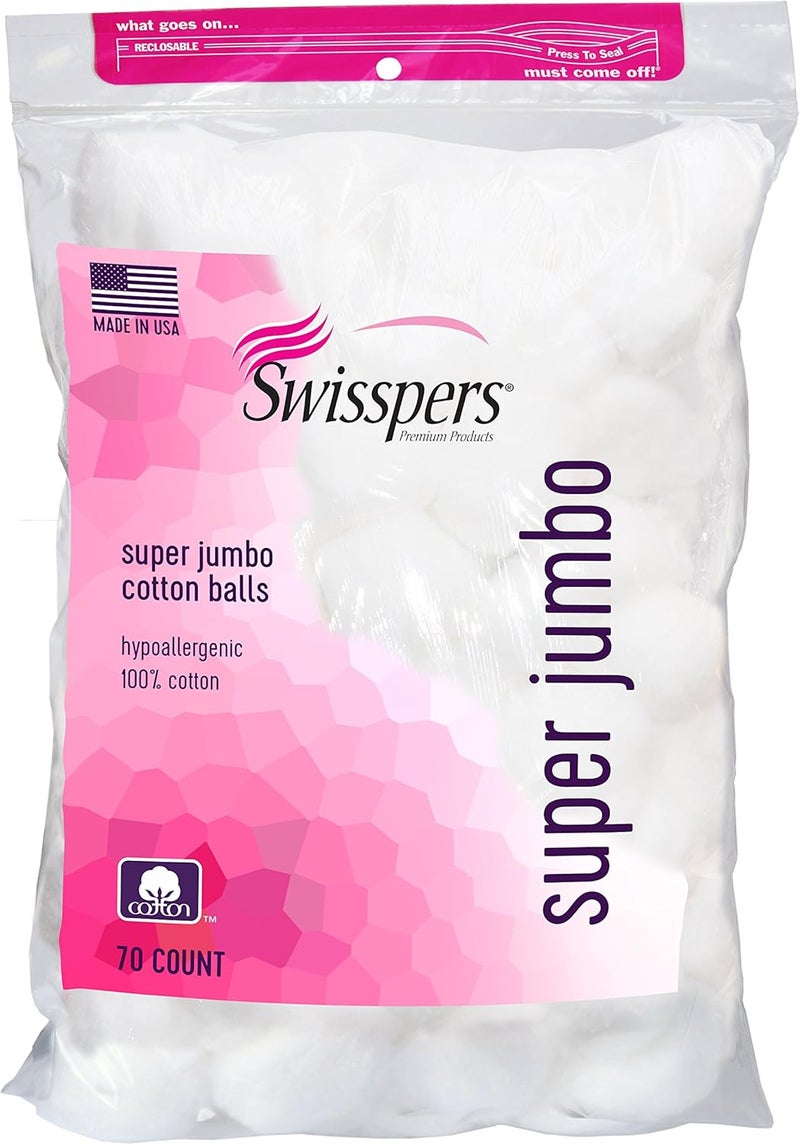Swisspers Super Jumbo Cotton Balls - 70 Count (Pack of 2) - Hypoallergenic and Ultra Plush